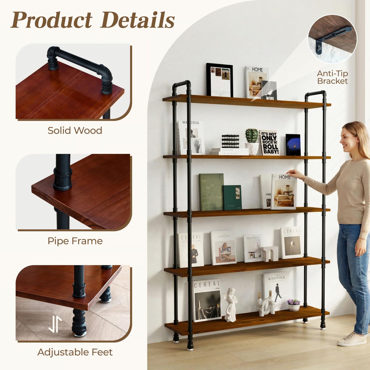 Anynice Industrial Bookshelf, Rustic Open Bookcase, 5 Tier Wood and Metal Bookshelf, Solid Pine Wood and Iron Pipe Tall Narrow Storage Shelf for Living Room Bedroom Office Kitchen