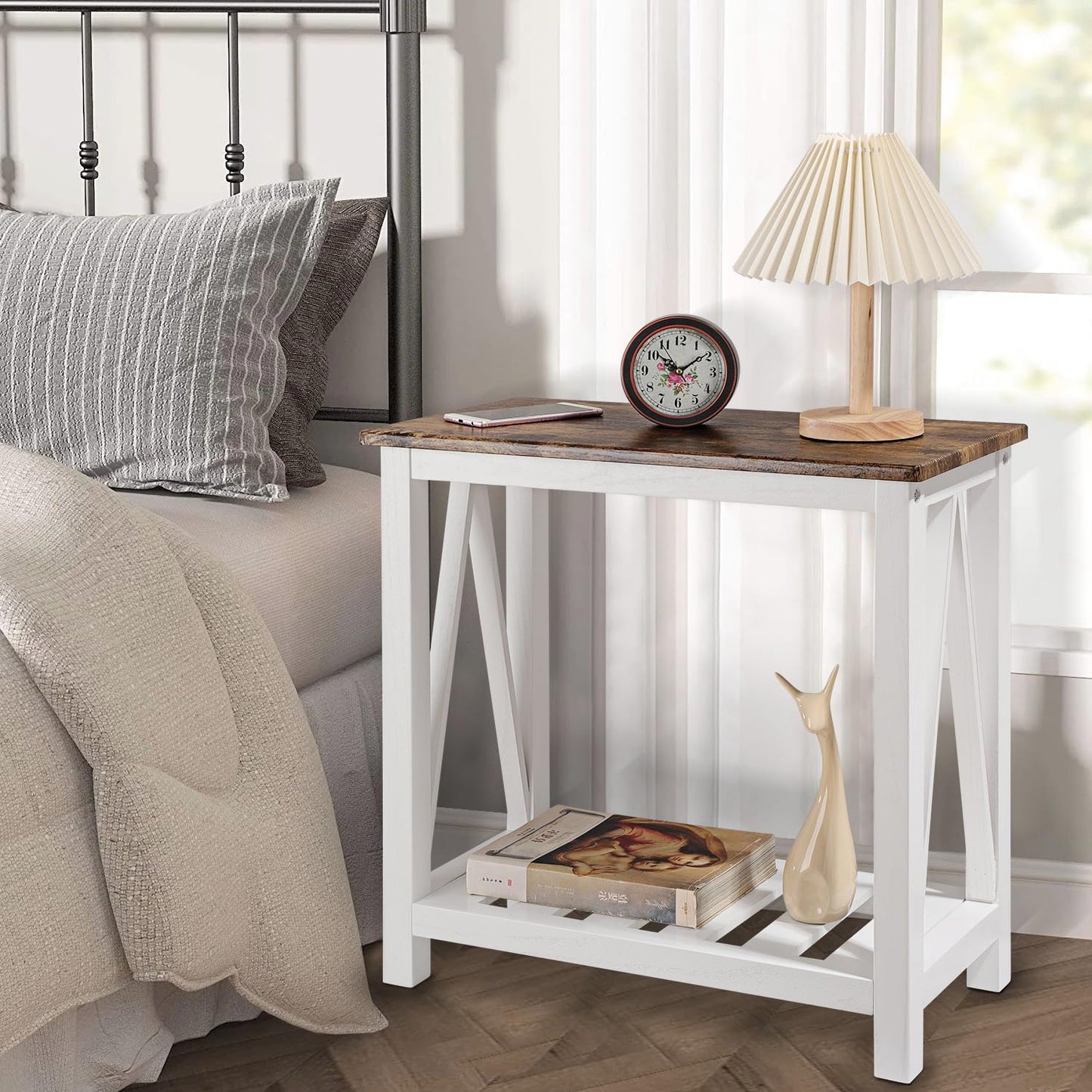 FEUFOAM Narrow End Table Rectangular Side Tables for Small Spaces Wood Framed Night Stands Sofa Bedside Table for Living Room Brown Smooth Tabletop Industrial Accent Furniture for Bathroom Bedroom