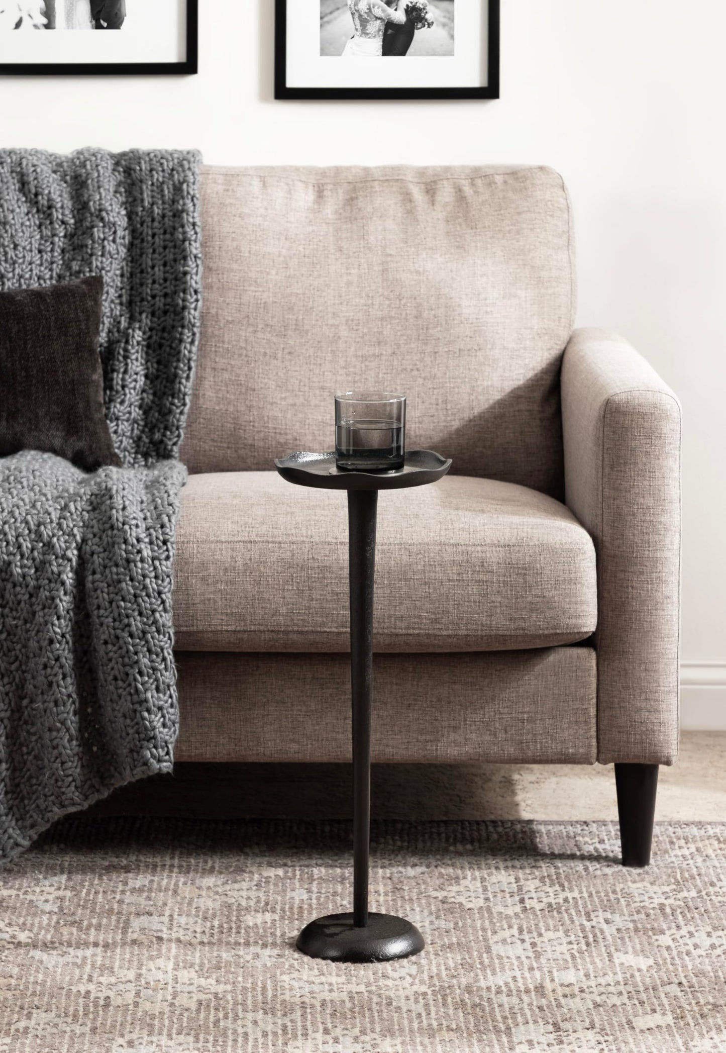 Kate and Laurel Alessia Modern Decorative Metal Drink Table; 8 x 8 x 22; Black; Round Cast Aluminum Pedestal Plant Stand with Rough Texture and Deckled Edge