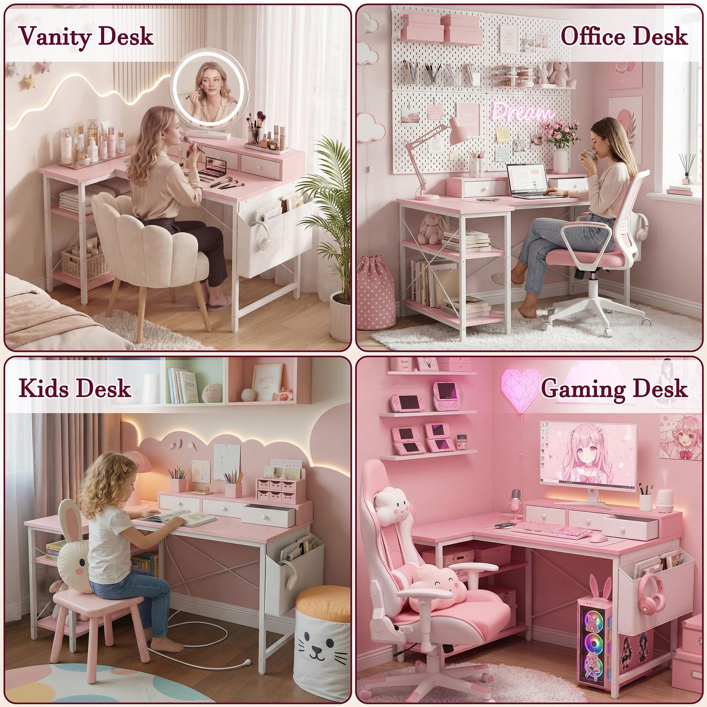 TIQLAB 40 Inch L Shaped Computer Desk with 3 Drawers & Power Outlets, Small Corner Desk with Reversible Shelves, Vanity Kids Writing PC Desk for Bedroom Home Office, Study Table for Girls, Pink