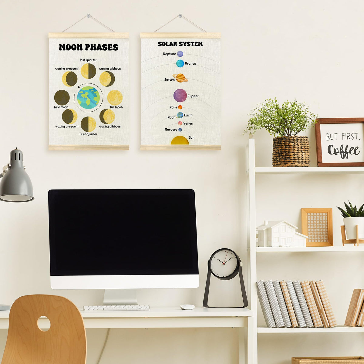 TLESKE Classroom Moon Phases Solar System Space Poster Hanger Frame Set of 2, Homeschool Hanging Wall Art Room Decor for Toddlers Kid Nursery Playroom, Preschool Prek Learning Educational Print, 12x16