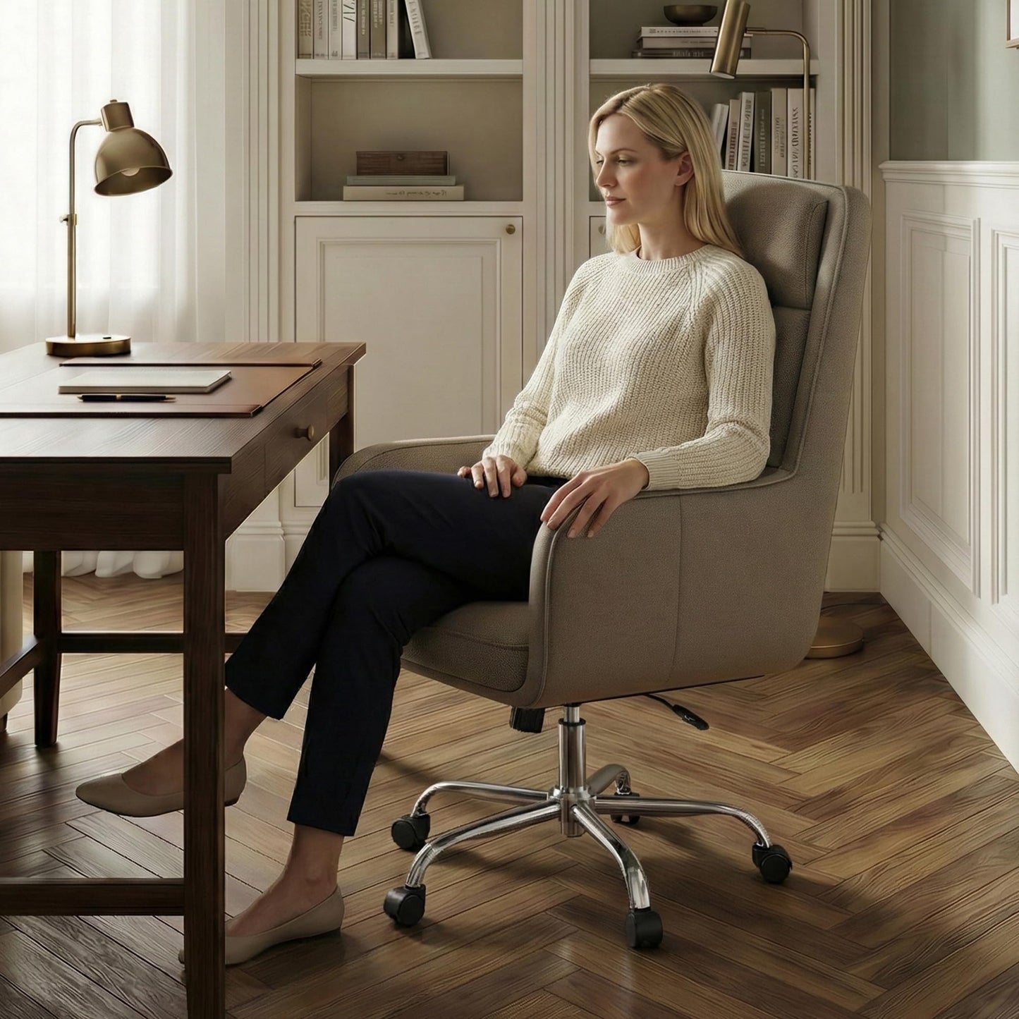COLAMY Cocoon Modern Executive High Back Home Office Chair, Upholstered Desk Chair with Wheels, Vanity Chair with Head and Lumbar Support, Armrest (Camel)
