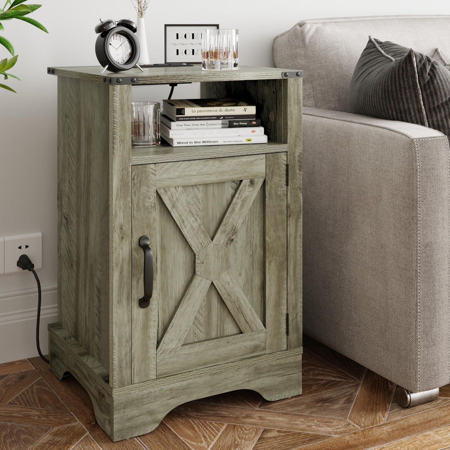 RoyalCraft Tall Farmhouse Nightstand with Charging Station, Grey End Table with Storage, Large Wooden Rustic Bedside Table for Bedroom, Home Office, Light Grey