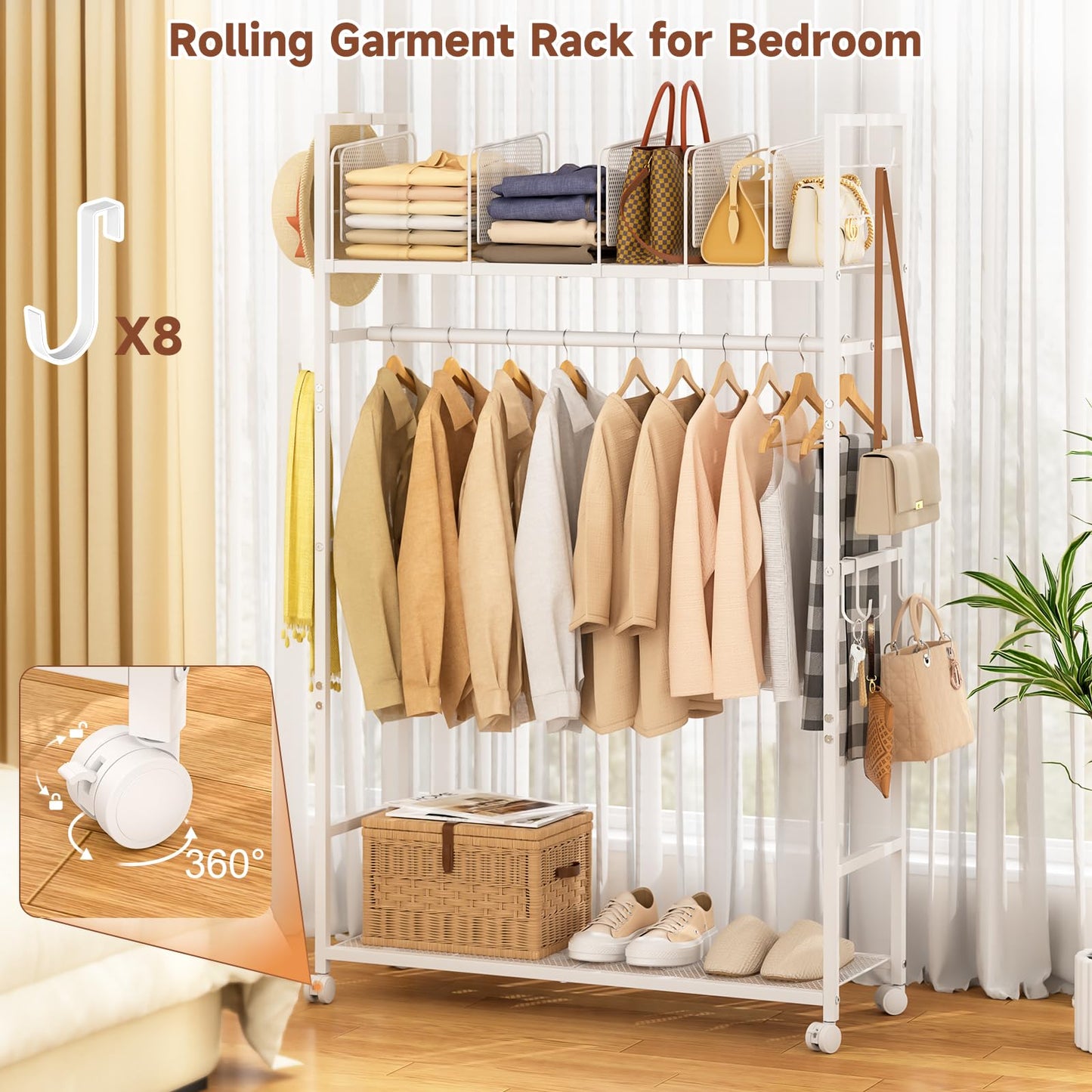 Portable Clothes Rack with Adjustable Shelf Divider, Freestanding Closet Organizers and Storage, Garment Rack and Purse Storage with 8 Hooks, Clothes Organizer on Wheels for Hanging Clothes, White