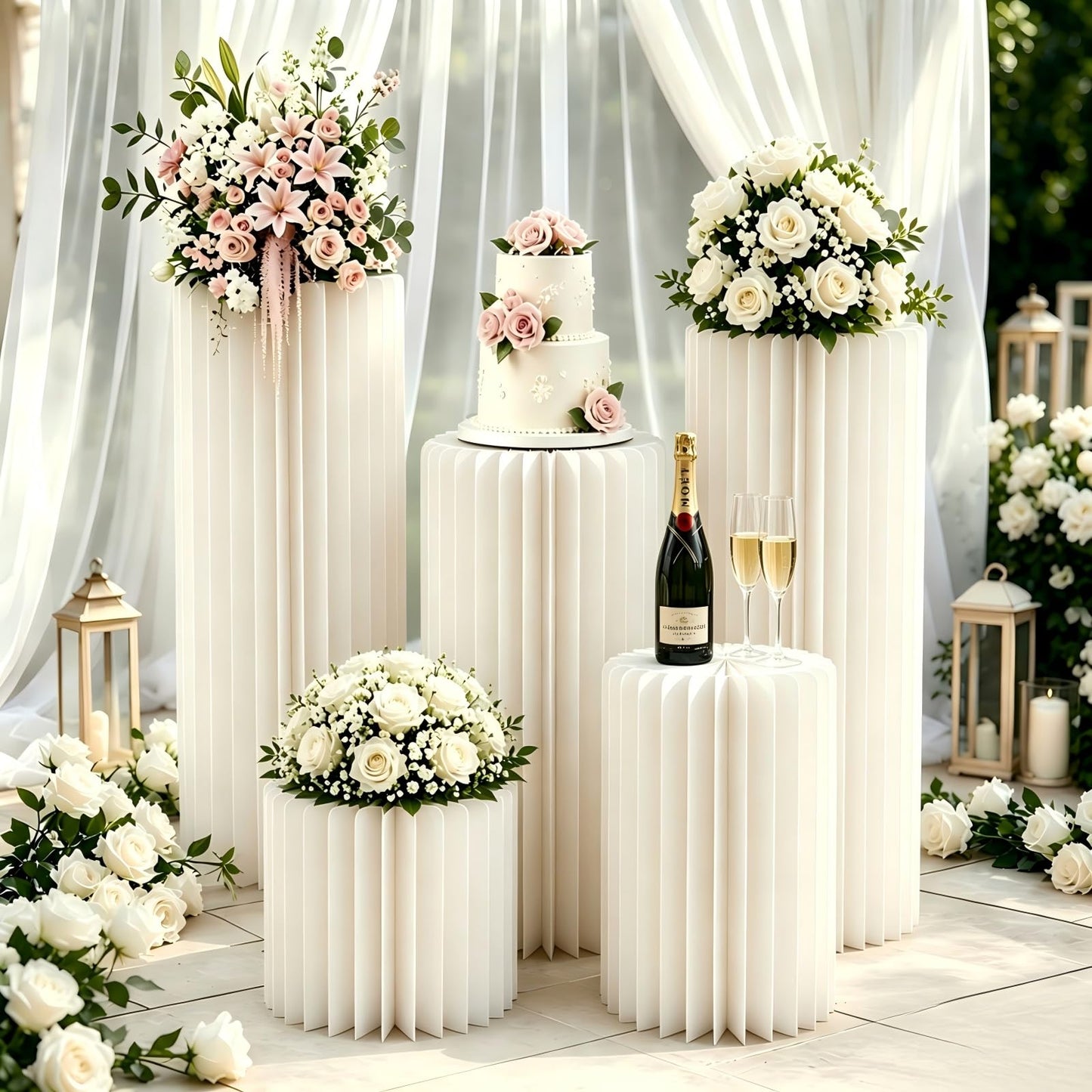 GUYARO Cylinder Stands for Party 5Pcs Round Pedestal Stand Foldable Cardboard Columns Cylinder Tables for Parties Baby Shower Birthday Wedding Pillars Display Decoration (White,5PCS)