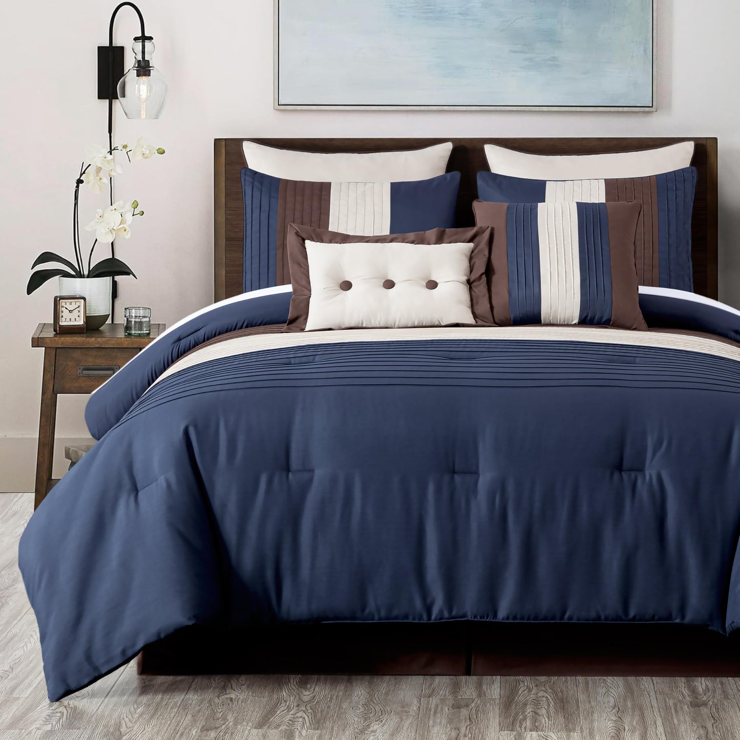 Chezmoi Collection Loft 8-Piece Oversized King Comforter Set, Midnight Blue/Brown/Coffee Cream Luxury Striped Bedding for All Season
