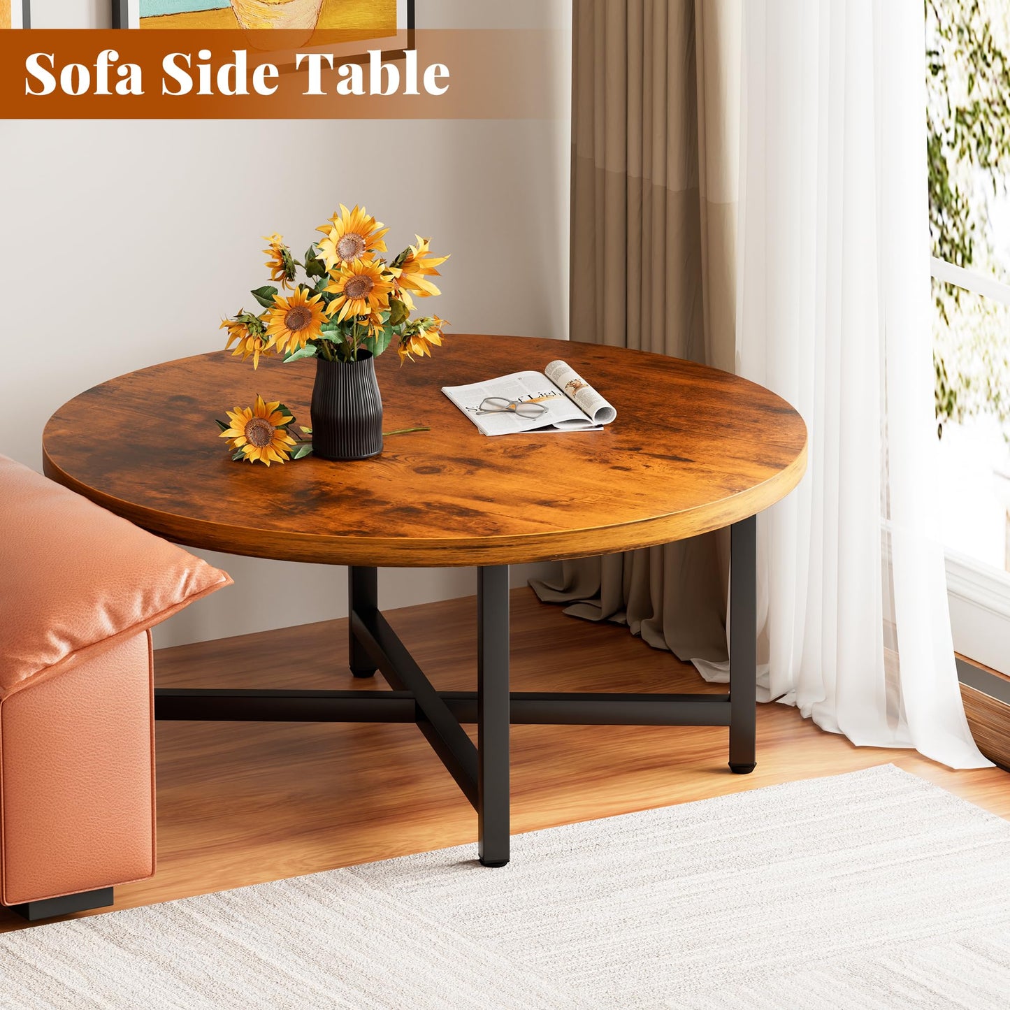 FURMORENE Coffee Table, 31.5" Large Coffee Tables, Brown Round Coffee Tables for Living Room, Floor Table for Sitting on The Floor, Center Coffee Table with Metal Frame for Office Apartment Home