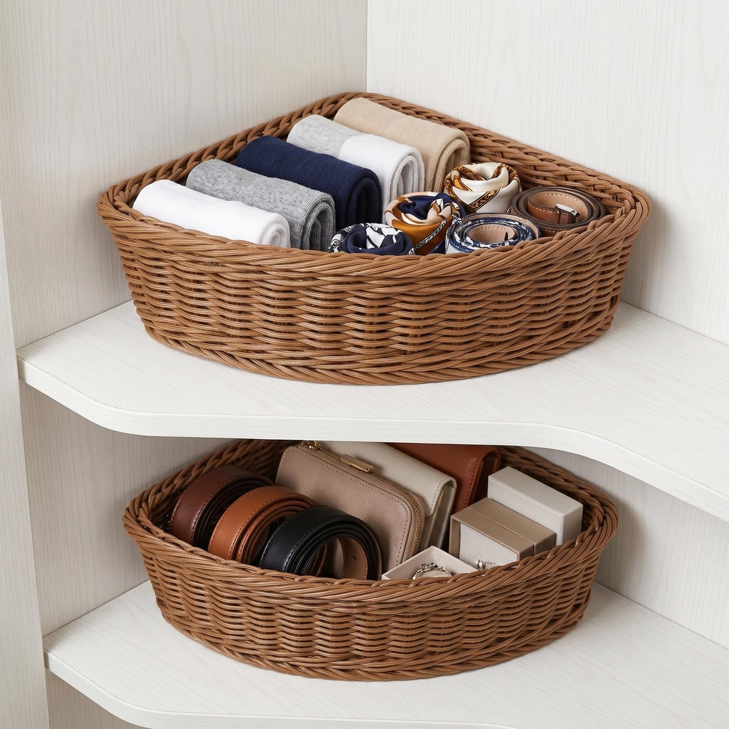 DOITOOL 2pcs Triangle Corner Storage Baskets Plastic Rotating Base, Small Triangle Shelf Organizers