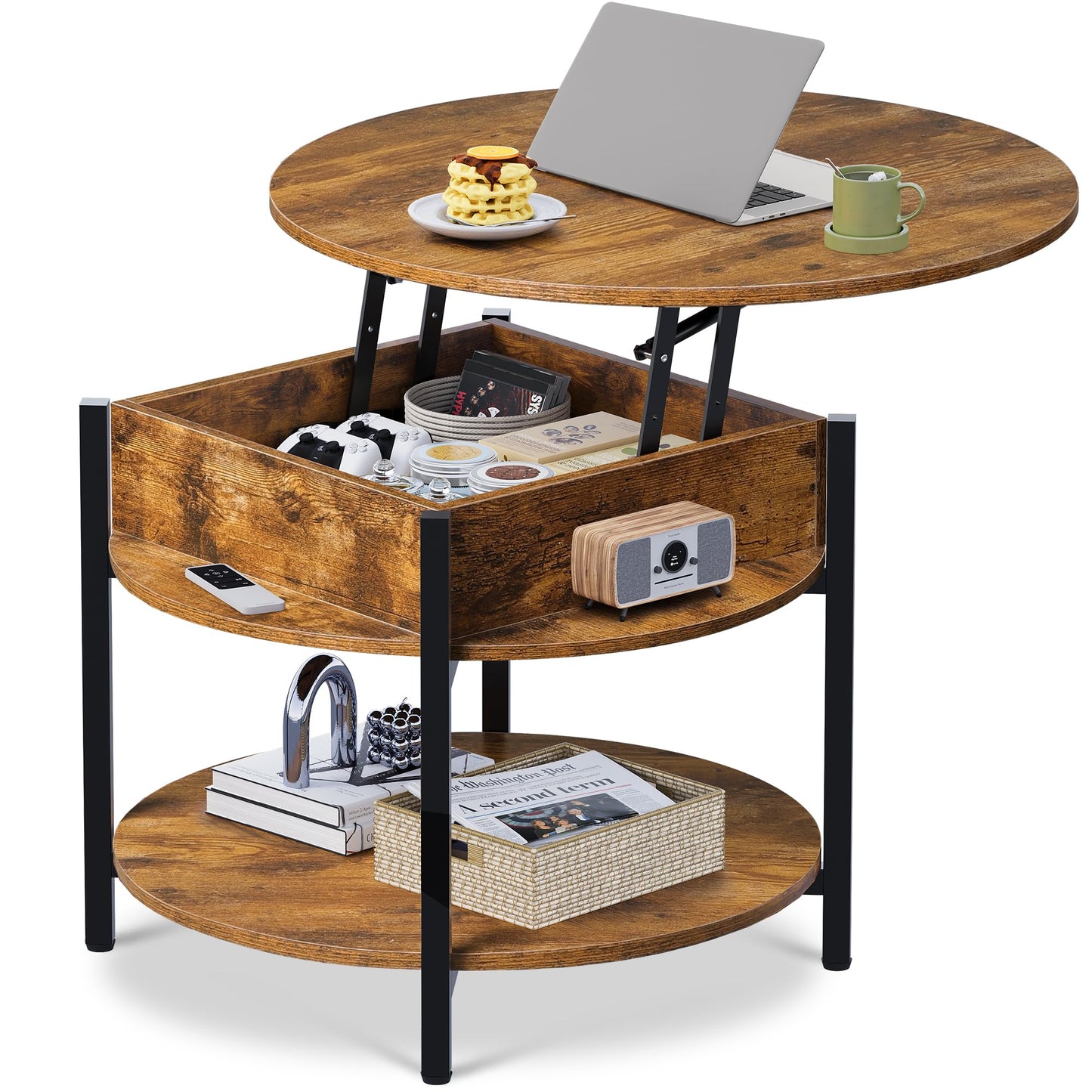 WLIVE Round Lift Top Coffee Table with Storage Shelf and Hidden Compartment, Farmhouse Small Coffee Table with 2 Tier for Living Room and Home Office, Rustic Brown