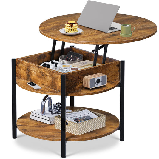 WLIVE Round Lift Top Coffee Table with Storage Shelf and Hidden Compartment, Farmhouse Small Coffee Table with 2 Tier for Living Room and Home Office, Rustic Brown