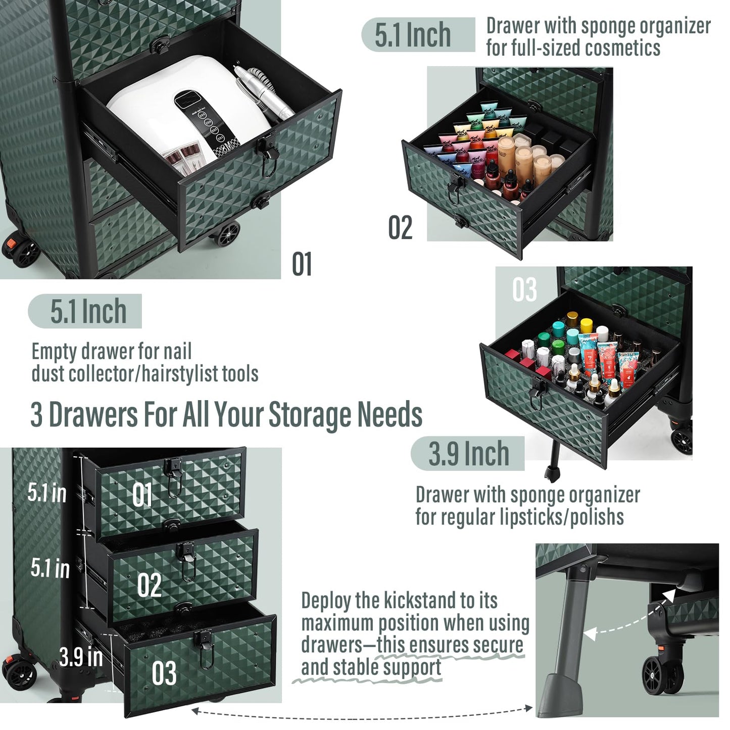 Yueieoun Nail Trolley Cart with 3 Drawers, Salon Station Cosmetology Case on Wheels Rolling Makeup Train Case Nail Case Organizer Beauty Salon Travel Case for Nailart,SPA,Hairstylist,Artist,Dark Green