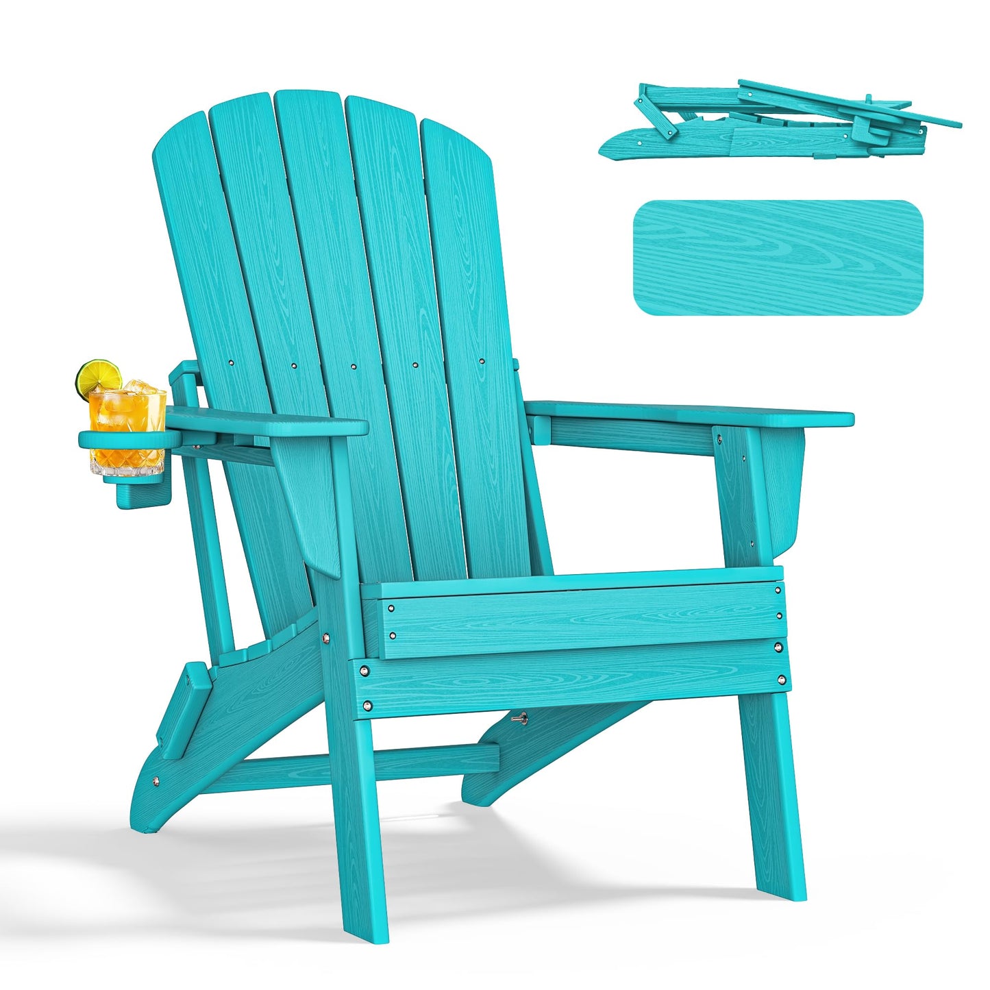 nevilywood Folding Adirondack Chair, Ergonomic, Cup Holder, 380lbs,Aruba