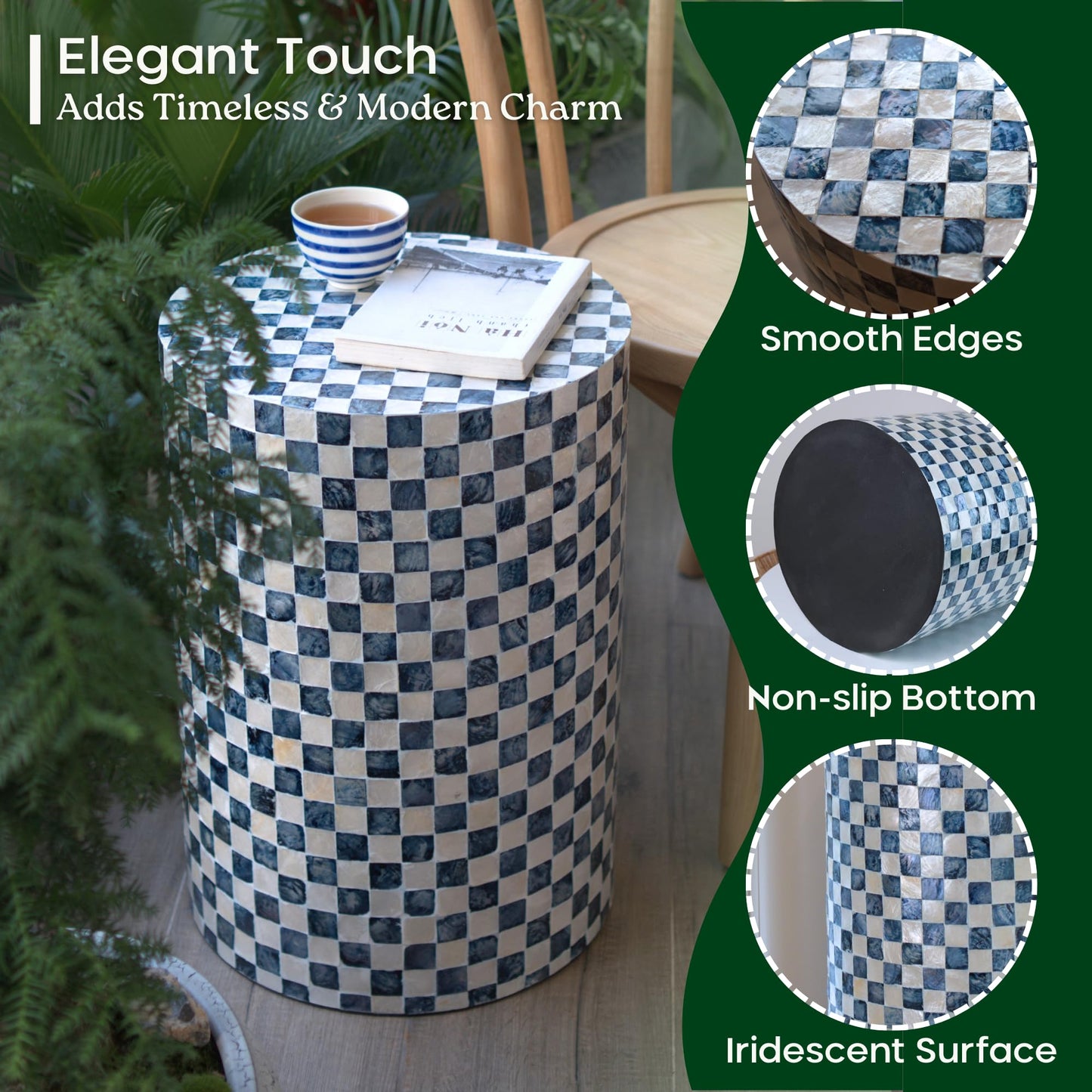 Chi An Home 19.3” Checkered Capiz Shells Drum End Table, Decorative Cylinder Side Table & Garden Stool, Round Pedestal Accent Table for Living Room, Bedroom, Indoor & Outdoor (Navy Blue)