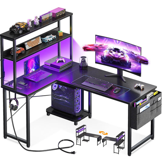 AODK L Shaped Desk Gaming Desk with LED Light & Power Outlet, 43 Inch Reversible L Shaped Computer Table with Shelf, Corner Desk with Storage Bag&Hook for Home Office Desk, Black