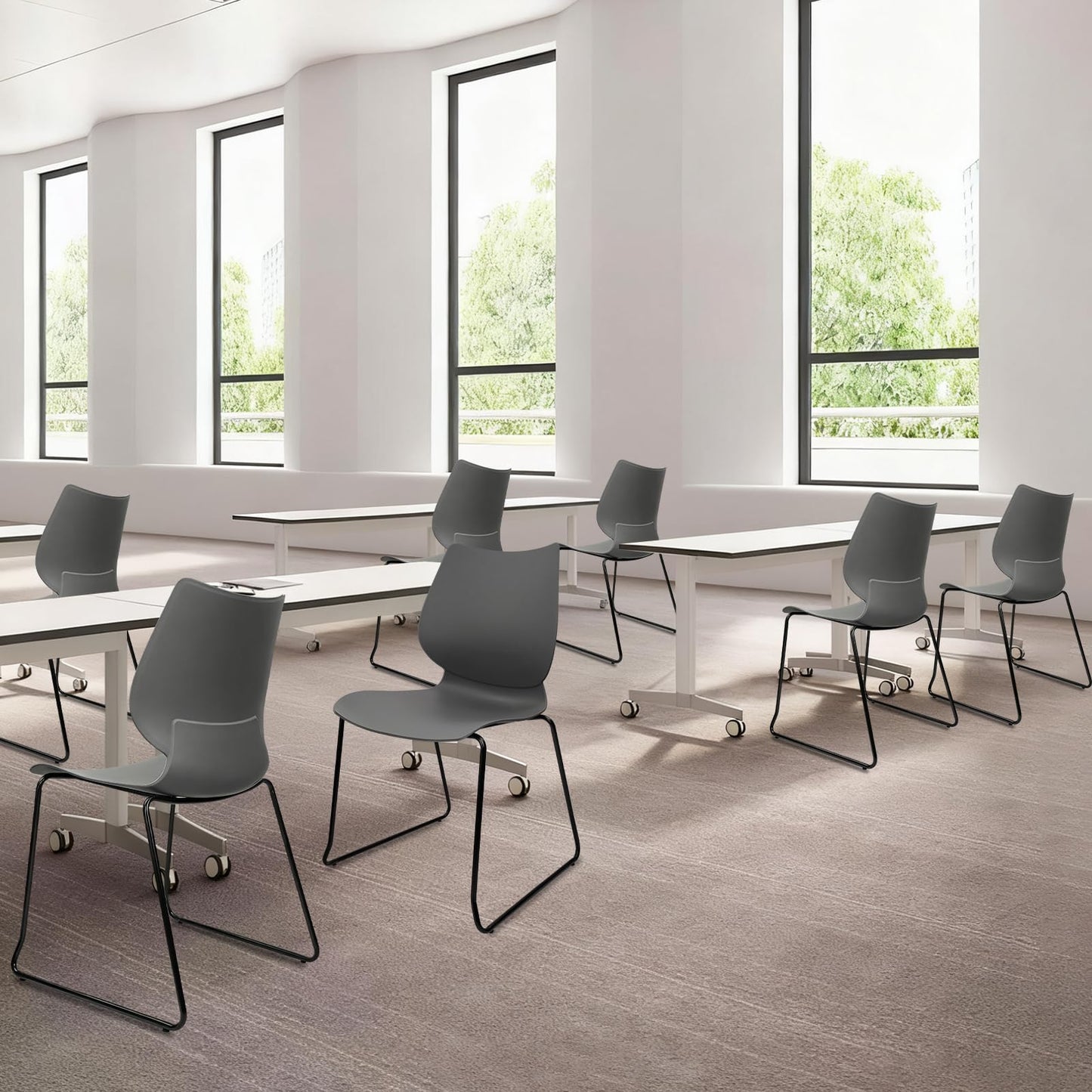 KLASIKA Stacking Waiting Room Chairs, Stacked Plastic Office Chair with Ergonomic Lumbar Support and Metal Legs for Conference School Church Guest Reception Set of 12, Grey