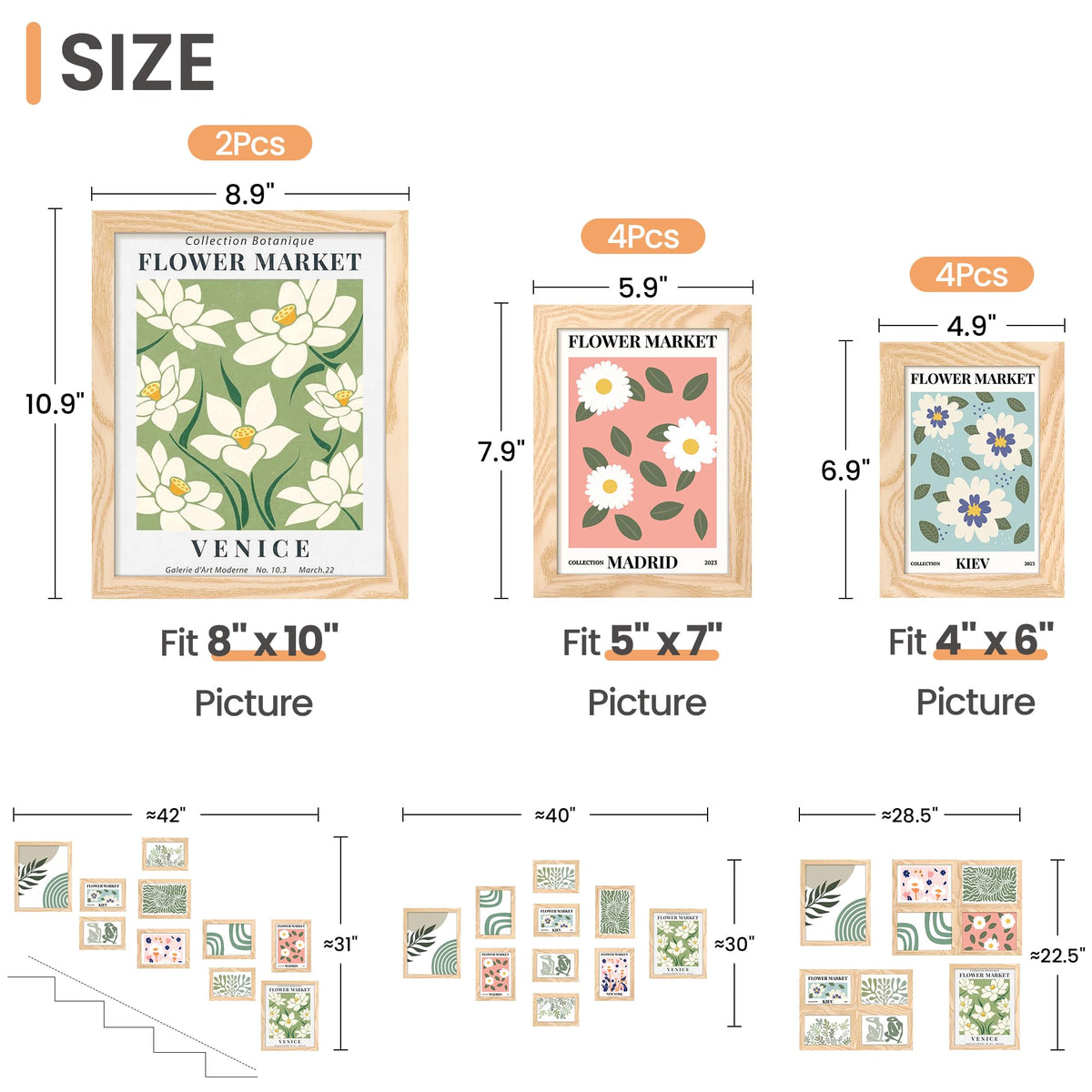 upsimples 10 Pack Picture Frames Collage Wall Decor for Mounting or Tabletop Display, Photo Gallery Frame Set for Family, Multi Sizes Including 8x10, 5x7, 4x6, Natural