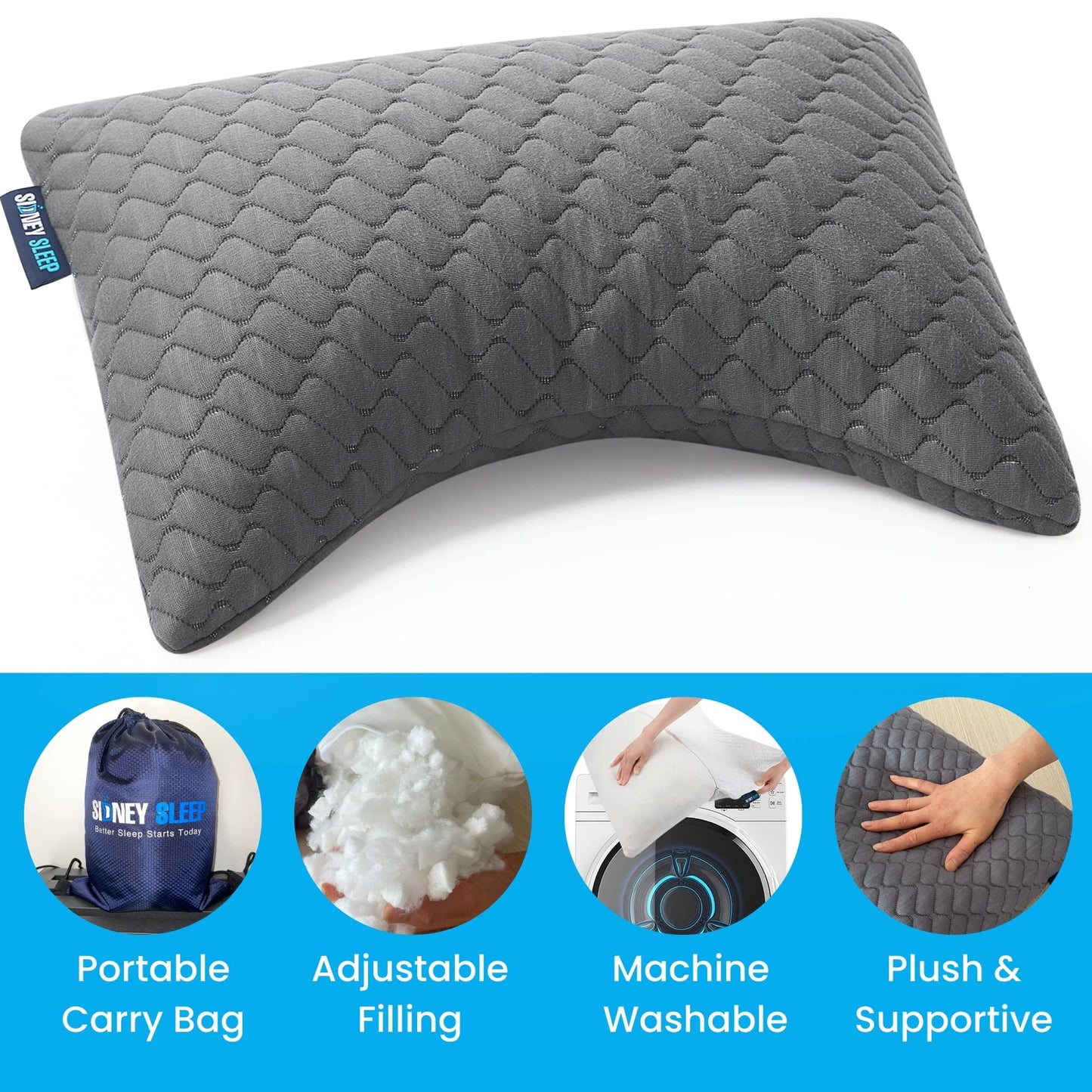 Sidney Sleep Set of 2 Mini Travel Size Neck Pillows - Knee Pillow - Back Lumbar Support - Curved Bed Pillow - 14 x 19 Inches - Adjustable Loft - Carry Backpack Included (Grey 2 Pack Mini)