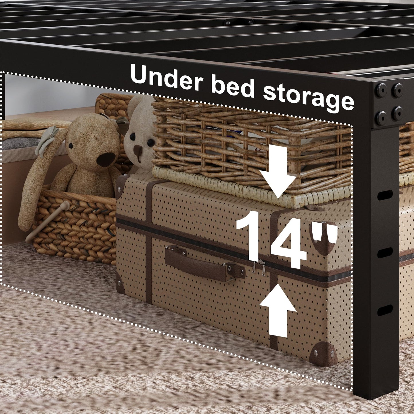 Upcanso 16 Inch Cal King Bed Frame with White Skirt Cover, Metal California King Bed Frames with Storage, No Box Spring Needed, Heavy Duty, Easy Assembly, Noise Free, Mattress Foundation
