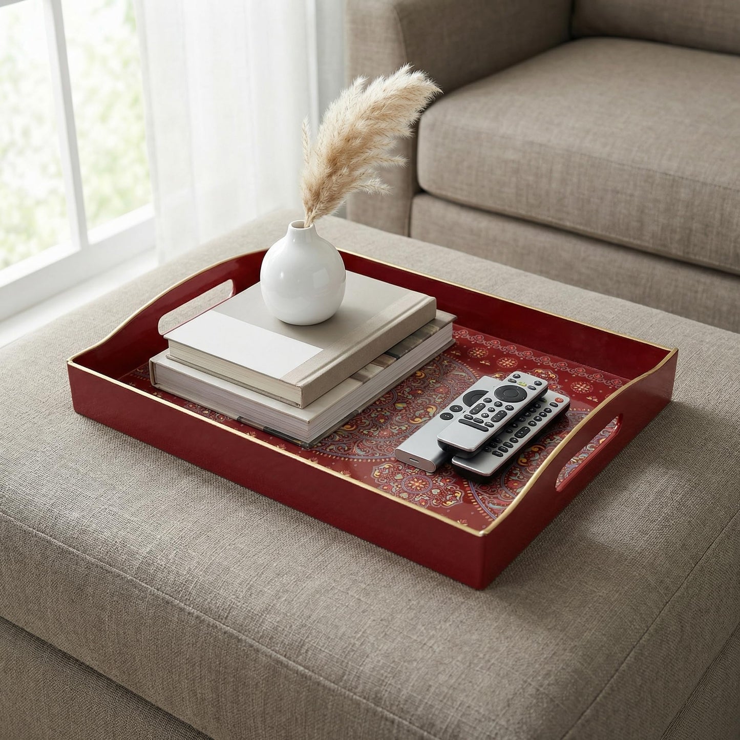Umisriro Boho Red Decorative Tray, Serving Tray with Handles, Plastic Tray for Coffee Table, Ottoman - Ideal for Living Room & Bathroom. 15” x 11” x 2.5”