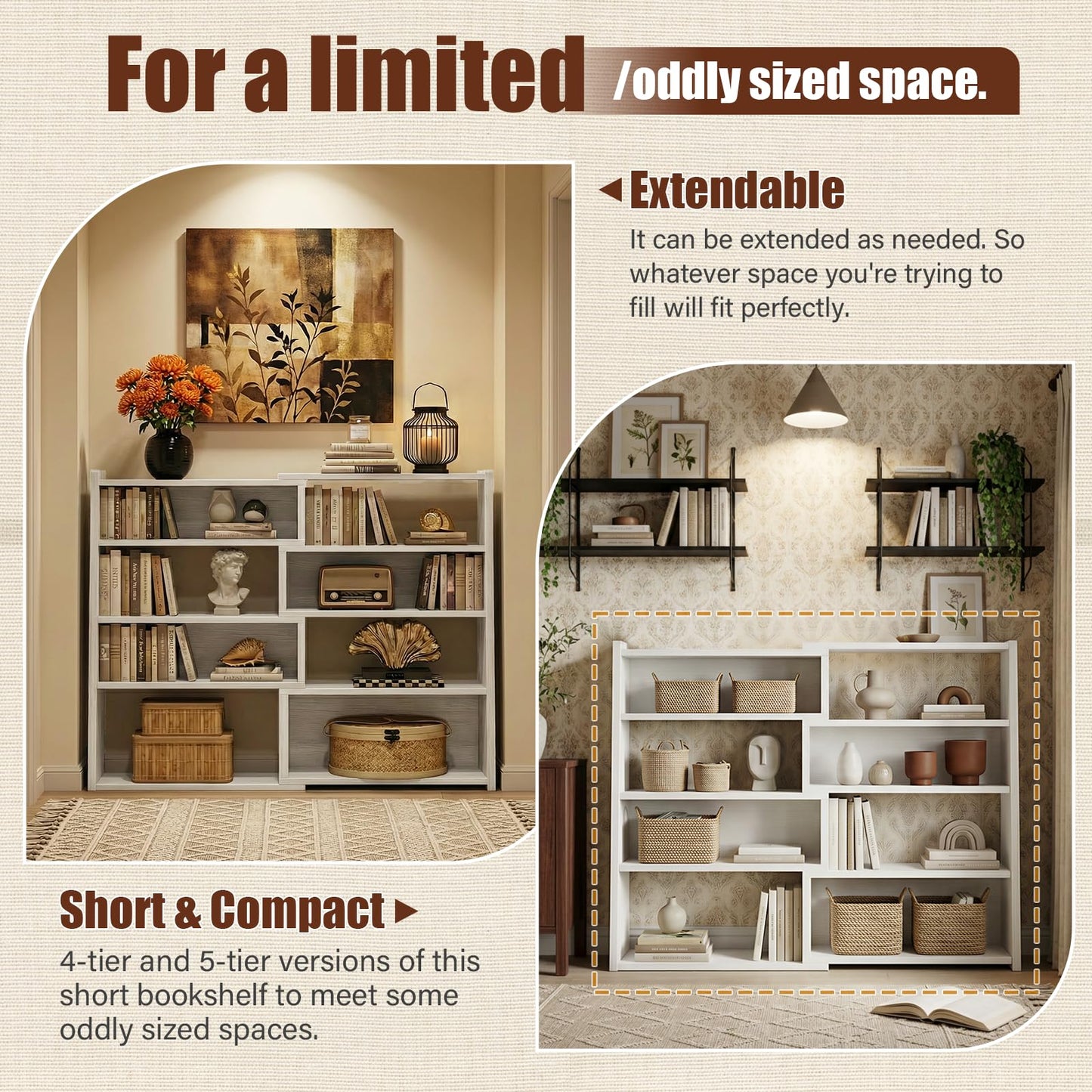Armocity Expandable Bookshelf, Short Corner Bookshelf for Small Spaces, Small Ladder Book Shelf, Extendable Wood Narrow Bookcase for Living Room, Bedroom, 5 Tier, White