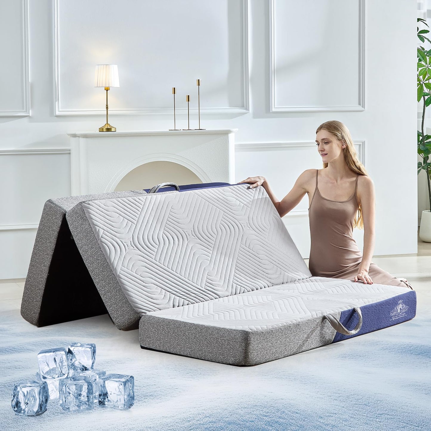 Lansteen Cooling Foldable Mattress, 6 Inch Memory Foam Mattress/Topper With Cold Breathable Effect, Trifold Mattress For Murphy Bed, Portable Folding Floor Bed For Guest, Camping, Travel, Yoga - Queen