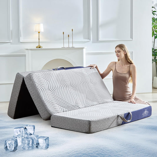 Lansteen Cooling Foldable Mattress, 6 Inch Memory Foam Mattress/Topper With Cold Breathable Effect, Trifold Mattress For Murphy Bed, Portable Folding Floor Bed For Guest, Camping, Travel, Yoga - Queen