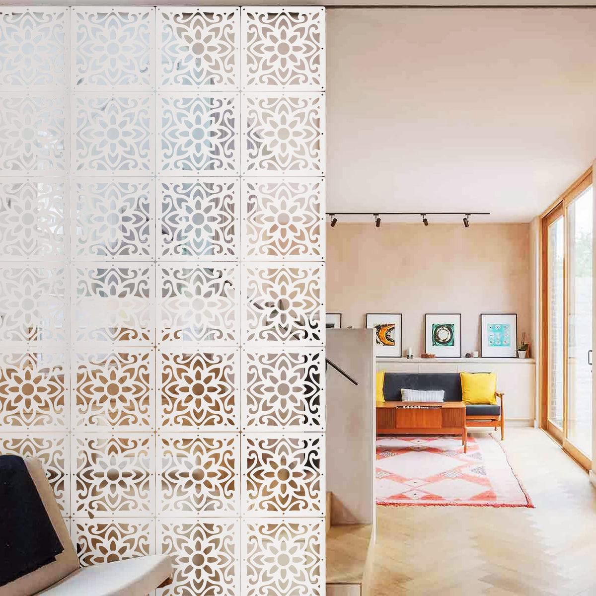 ANMINY 12 PCS Hanging Room Divider Decorative Thick Wall Screen Panels Floral Carving Pattern Hollow Out Design for Bedroom Living Dining Room Kitchen Office Restaurant Home Hotel Decor - White Flower