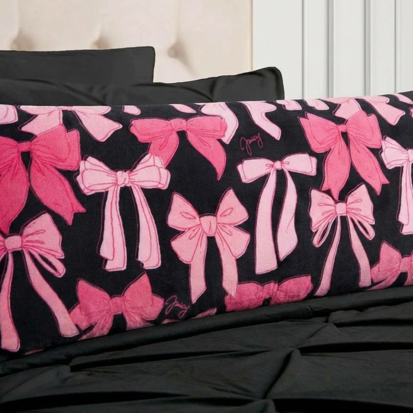 Juicy Couture 20" x 48" Plush Body Pillow, Princess Bows Black