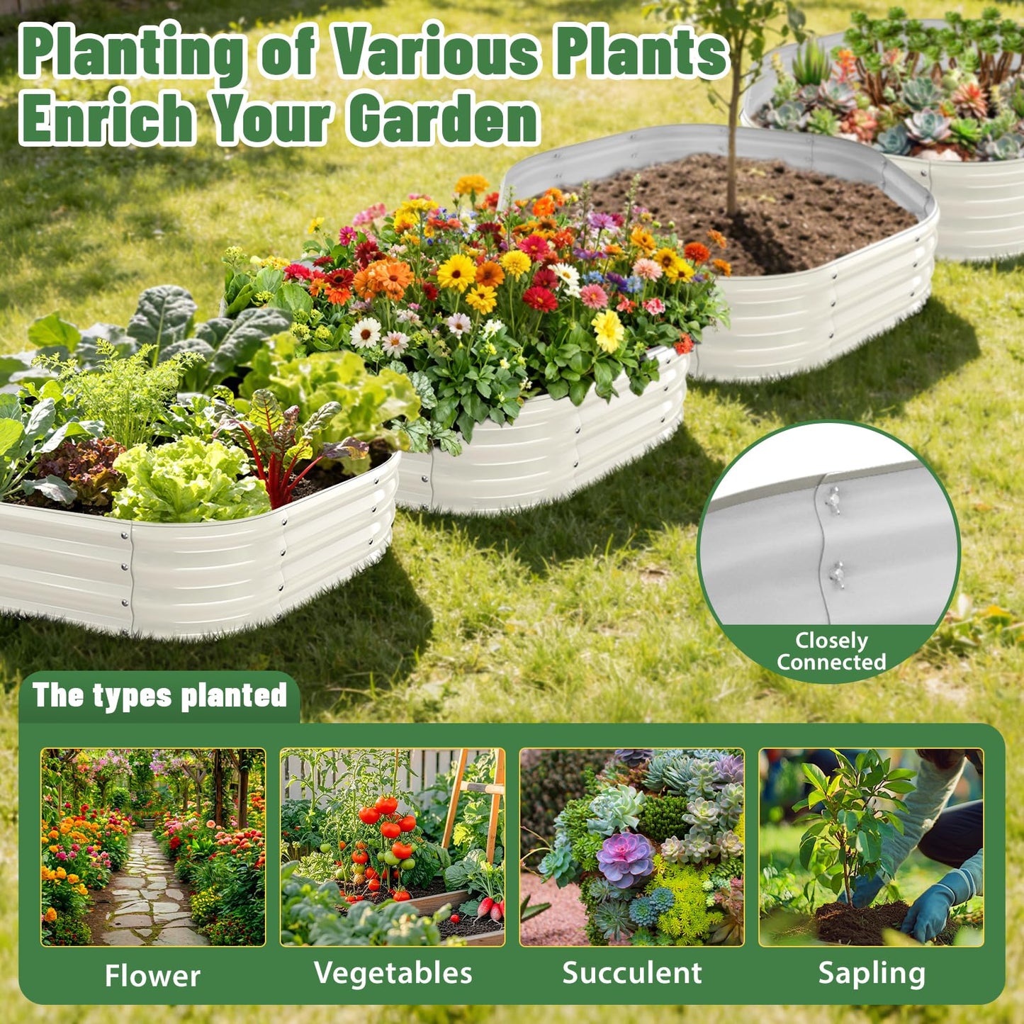 Hexagon Raised Garden Bed, 48 Inch Diagonal & 12 Inch Tall, Galvanized Steel Planter Box with Wave-Shaped Metal Panels for Outdoor Flower,Tree,Herb & Vegetable Garden (Cream white, 4FT X 1FT)