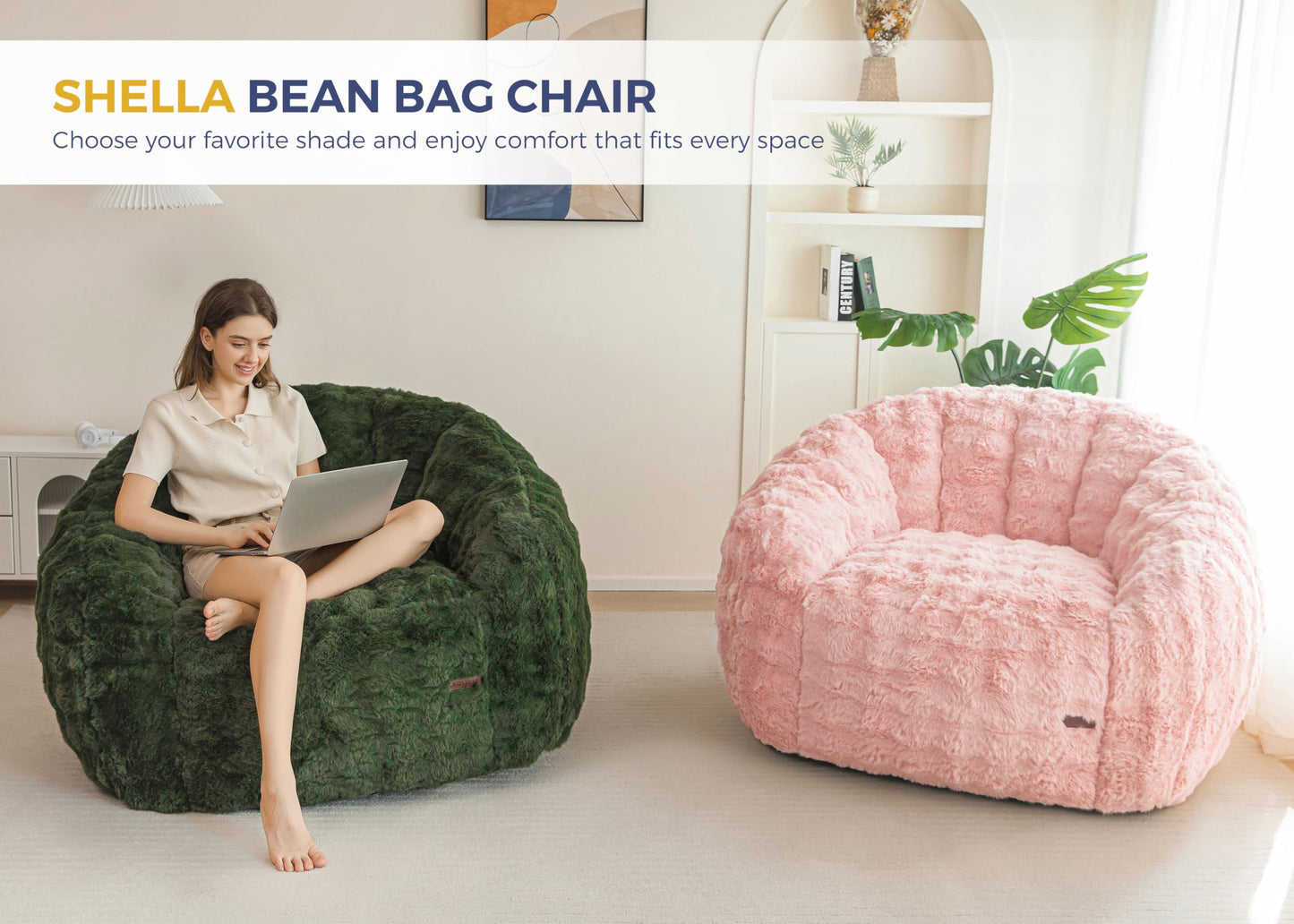 MAXYOYO Giant Bean Bag Chair for Adults, Stuffed Shell-Shaped Large Bean Bag Couch, Cozy Living Room Chair with Filler, Lazy Floor Sofa for Bedroom Living Room, Pale Pink