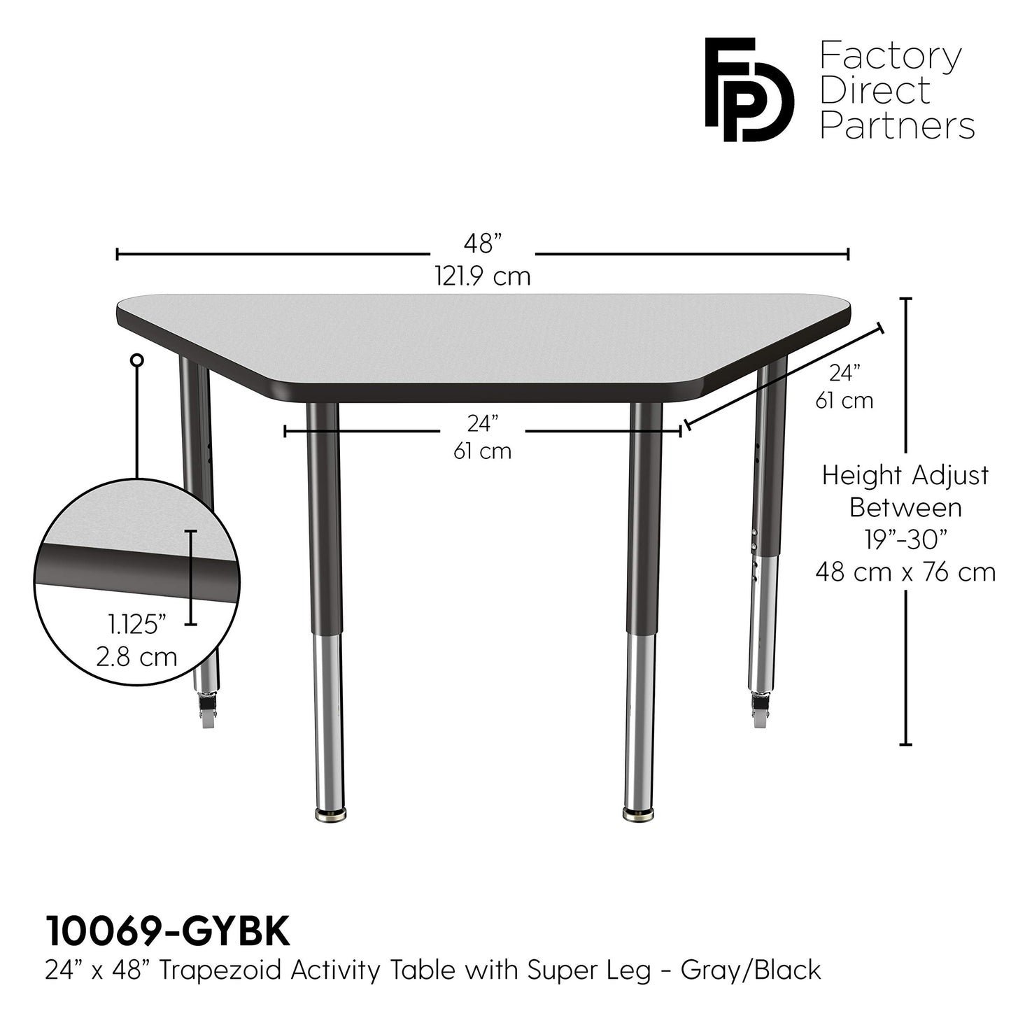 FDP Mobile Trapezoid Activity School and Office Table (24 x 48 inch), Super Legs with Glides and Casters for Collaborative Environments, Adjustable Height 19-30 inches - Gray Top and Black Edge