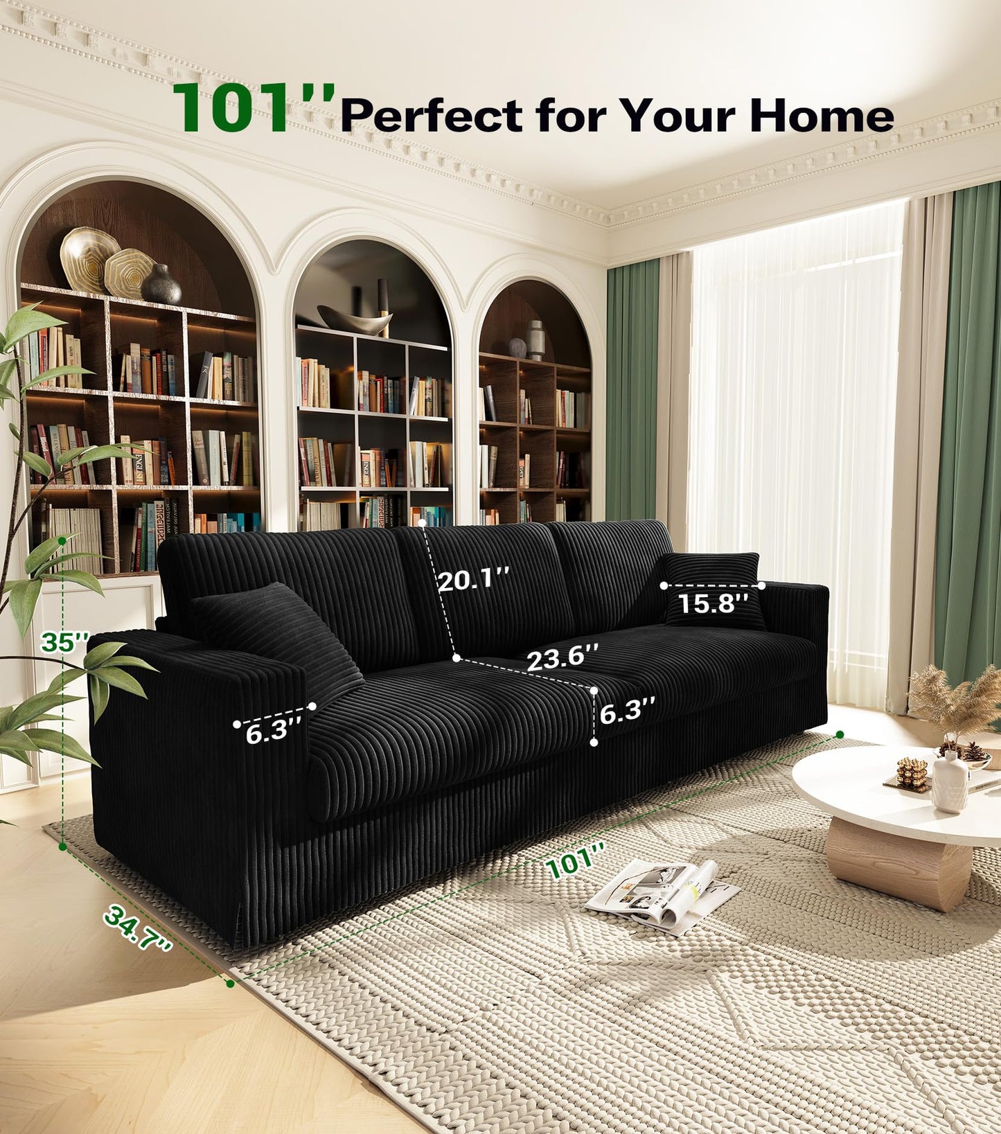 Welzona Plush Corduroy Couch, 101" Comfy Couches for Living Room, Tool-Free Setup Sofas for Living Room 6.3" Extra Wide Armrest, All-Wood Loveseat Sofa Couch for Bedroom/Office, 2 Pillows, Black