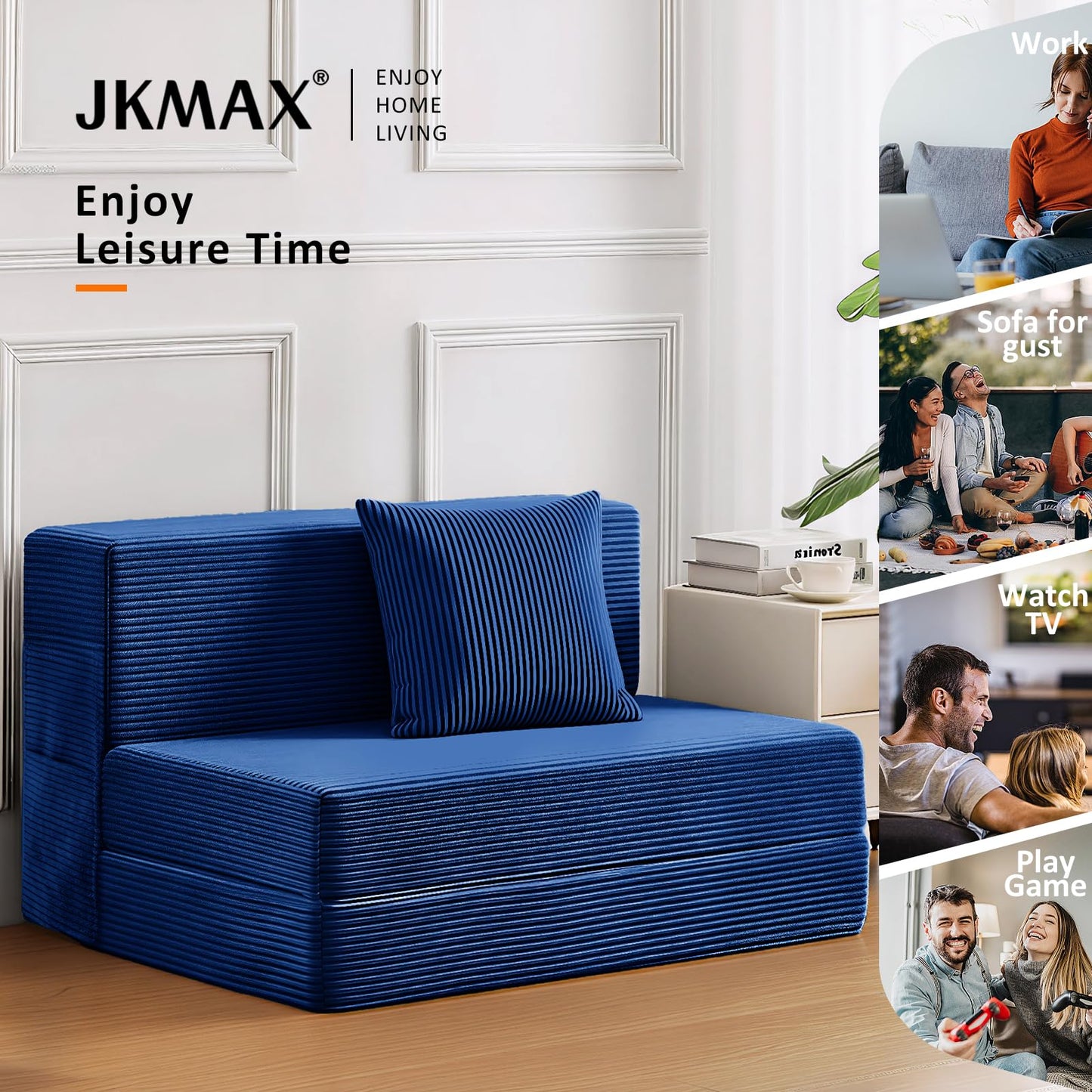 JKMAX Single Size Folding Sofa Bed - 4 in 1 Convertible Sleeper Chair - High Density Memory Foam Futon Couch - Foldable Bed for Living Room Bedroom (Blue)