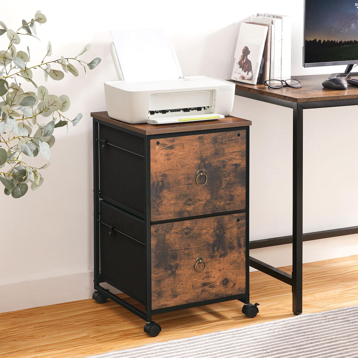 HOOBRO 2-Drawer Mobile File Cabinet, Computer Desk, Home Office Desk with Power Outlet, for Study Room, Home Office, Sturdy and Stable, Easy to Assemble, Rustic Brown BF20WJ01-BF40UDN01