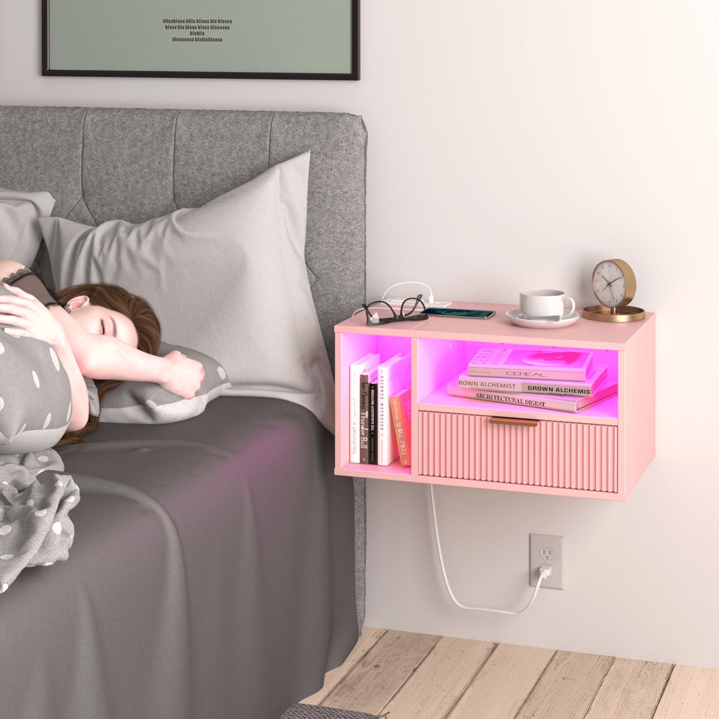 Veegle Pink Floating Nightstand with Charging Station and LED Lights,Pink