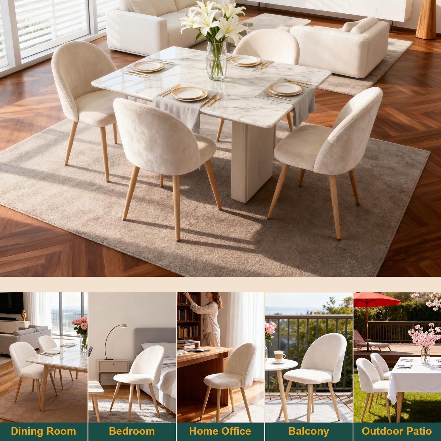 ACOHOOK Dining Chairs Set of 2, Velvet Comfortable Seats, Mid-Century Modern Living Room Chairs, Upholstered Kitchen Chairs with Wooden Legs and Padded Seat for Bedroom Office Easy Assembly, Beige