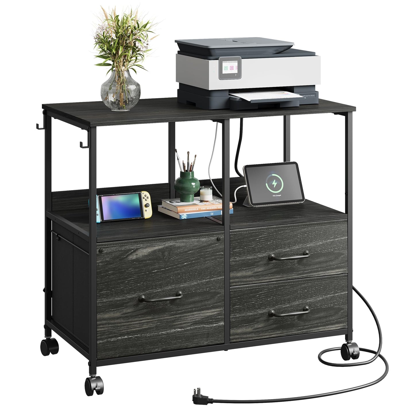DEVAISE 3 Drawer File Cabinet with Charging Station, Rolling Printer Stand for Office Storage, Mobile Filing Cabinet fits Under Desk Storage, Charcoal Black Wood Grain Print
