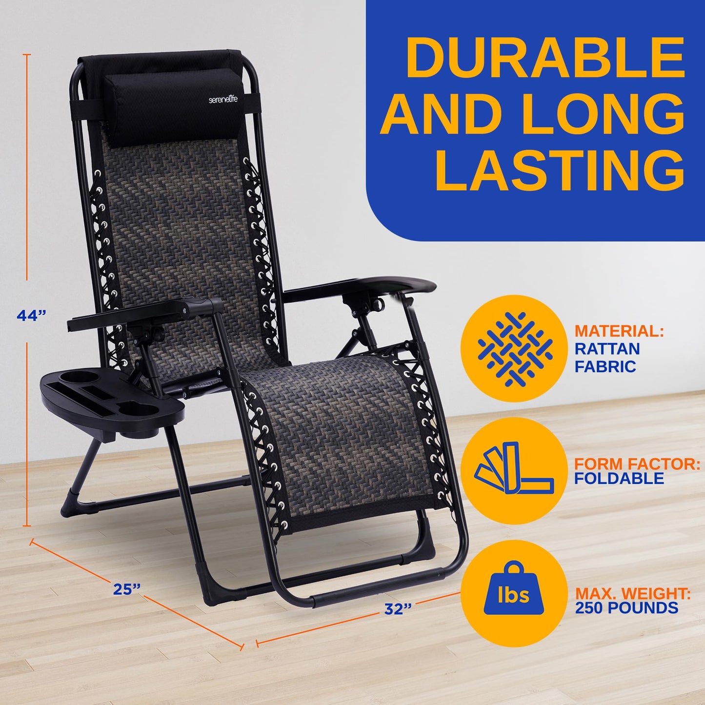 SereneLife Outdoor Adjustable Foldable Zero Gravity Lawn Chair – Weather-Resistant Rattan Recliner with Lockable Position, Detachable Side Table & Cup Holder, 265 lbs Capacity, Patio & Camping