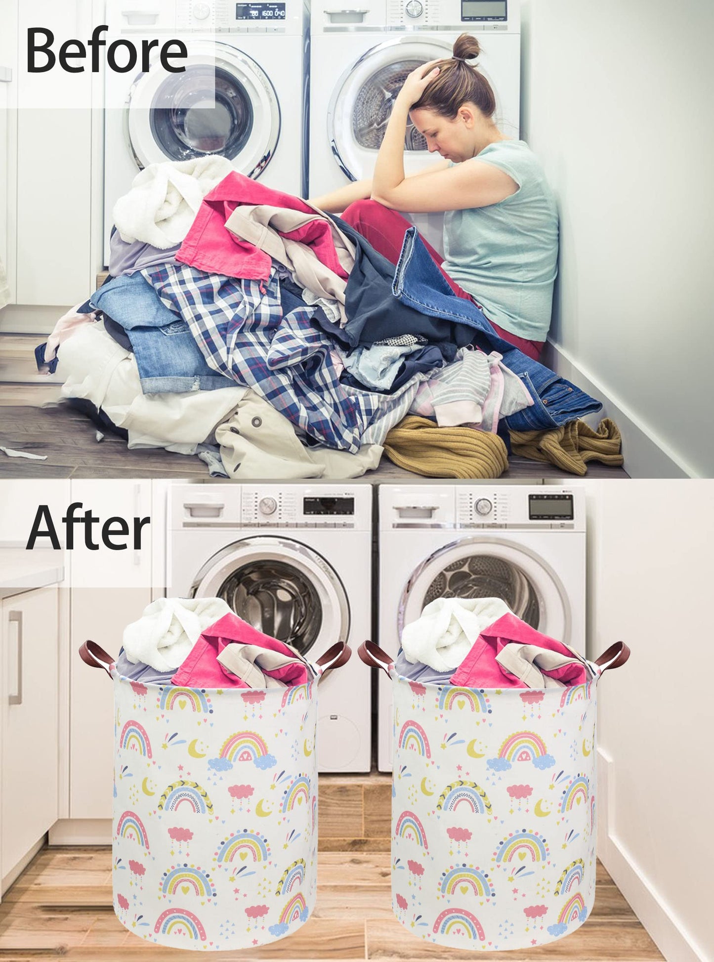 ESSME Rainbow laundry basket,Collapsible Laundry Hamper with Waterproof PE Coating Hamper Nursery Hamper for Room Decor, storage,Gift Basket.(Rainbow)
