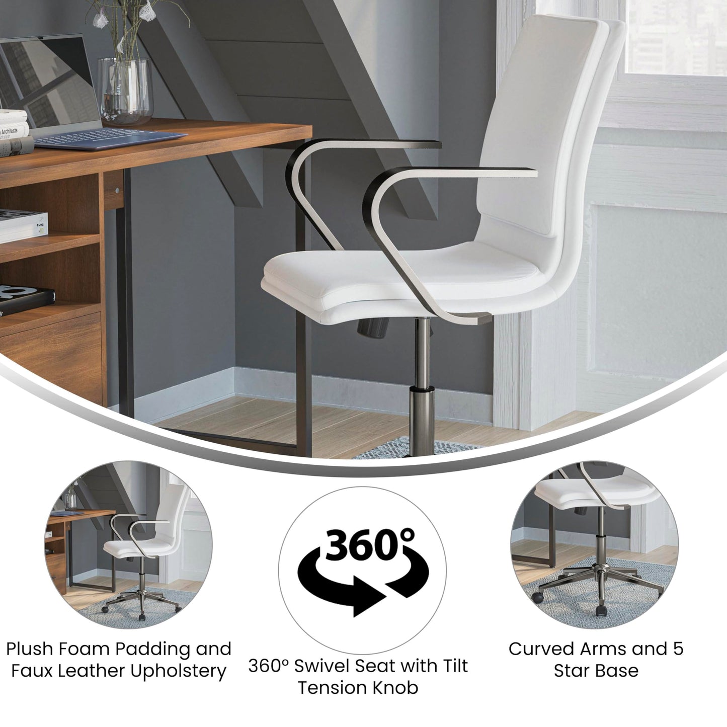 Flash Furniture James Mid-Back Designer Executive Office Chair - White LeatherSoft Upholstery - Brushed Chrome Base and Arms - Height Adjustable 360° Swivel Seat
