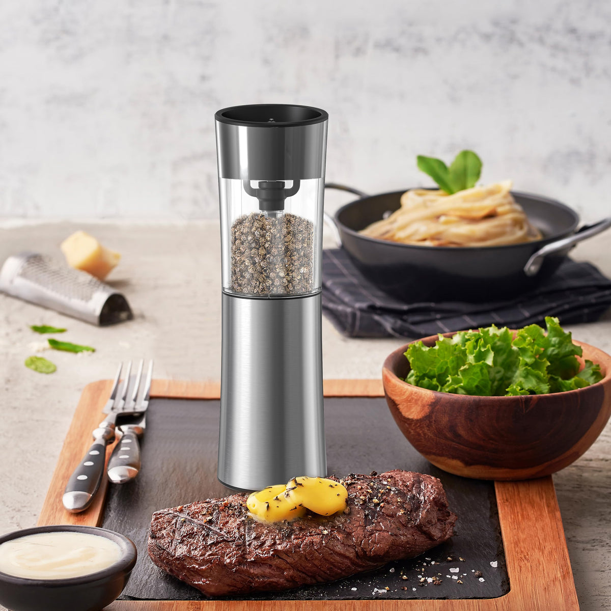 VITSOL Gravity Electric Salt and Pepper Grinder Set, No Battery Needed, One Handed Operation, Automatic Salt & Pepper Mill - Spice Grinder, LED Light (2 Pack) (Stainless Steel Silver)