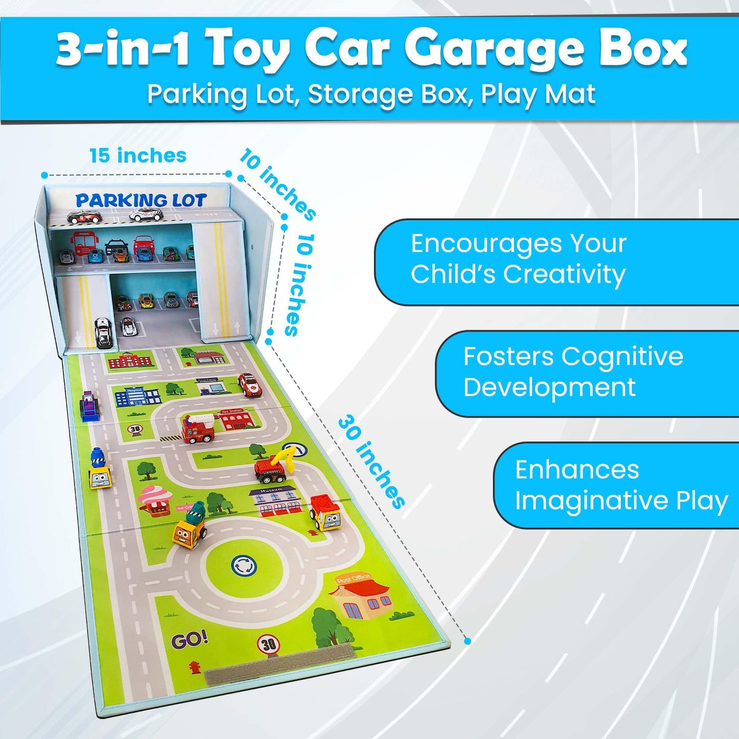 SAM AND MABEL Toy Car Garage Box with Play Mat – Kids' Racecar Storage Basket, Stackable and Collapsible Organizer Bin (Cars Not Included)