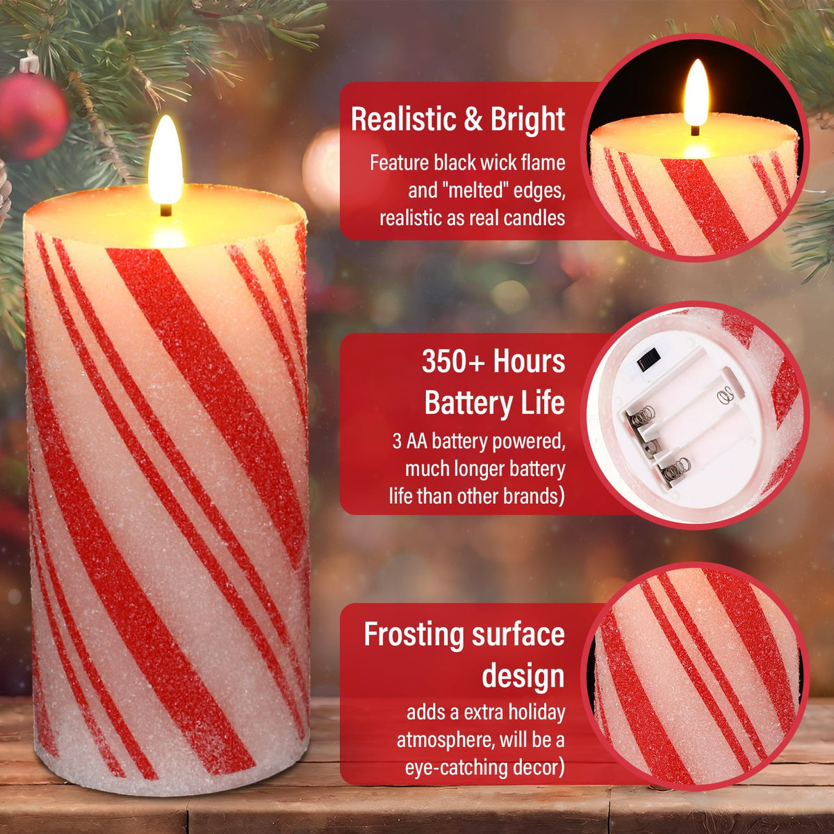 Glooglitter Set of 3 Christmas Flameless LED Candle Frosting Candy Cane Stripe Holiday Pillar Taper Moving Candles Battery Operated Flame Candle with Remote Control for Home Xmas Wedding Decoration
