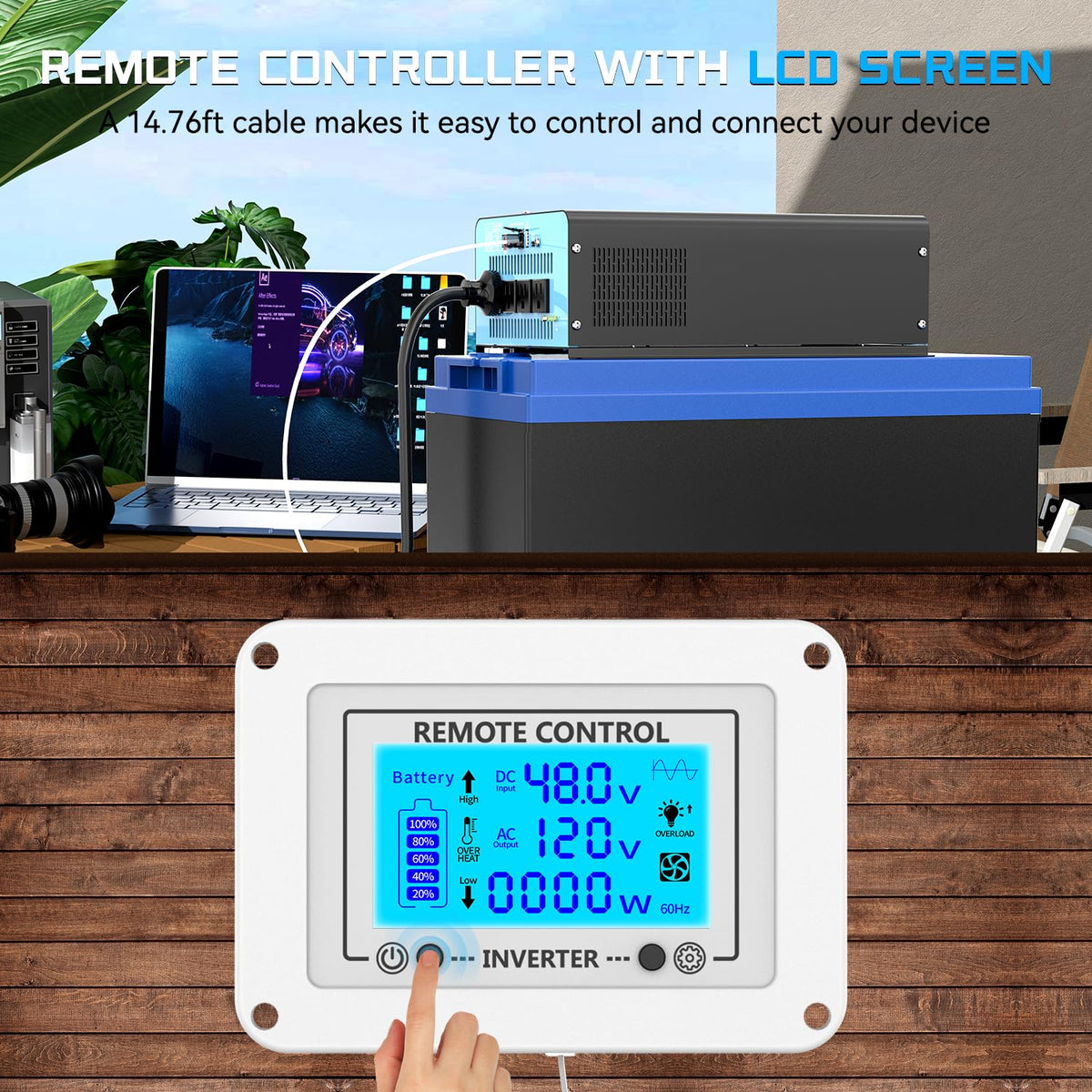 48V 2500W Pure Sine Wave Inverter 48V DC to 110V AC, 5000W Peak Power, 4 AC Outlets, USB & Type-C Port, Adjustable Input for Lithium Battery, Solar/Off-Grid Backup with LCD Remote