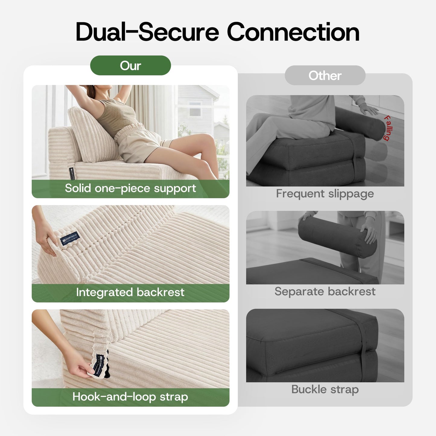 MEGAYES Convertible 4-in-1 Folding Sofa Bed Boneless Sleeper Chair Couch Foldable Chaise Lounger & Mattress Pocket Coils+Foam Fill Medium Support, No Assembly for Living Room/Bedroom, Twin Beige