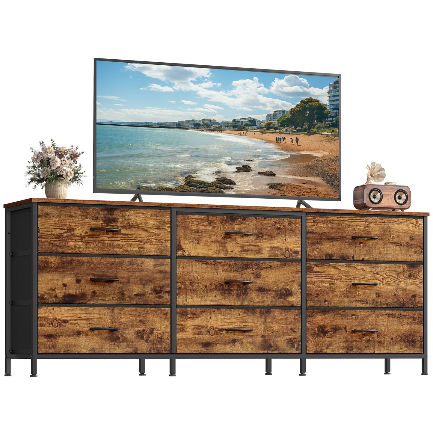 SONGMICS BELLAH Collection - Dresser for Bedroom, TV Stand for TVs Up to 70 Inches, Chest of Drawers for Living Room, Closet, Steel, 9 Drawers, Industrial, Rustic Brown and Ink Black ULGS233KD02S