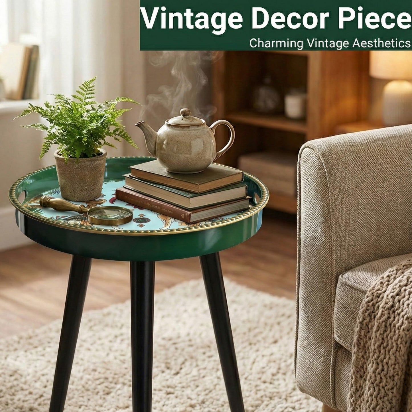 Zosenley Small Round Side Table - 13 Inch Emerald Green Boho End Table with Vintage Cheetah Pattern Tray - Unique Tropical Accent Table with Moisture-Resistant Wrapped Legs for Living Room & Bedroom