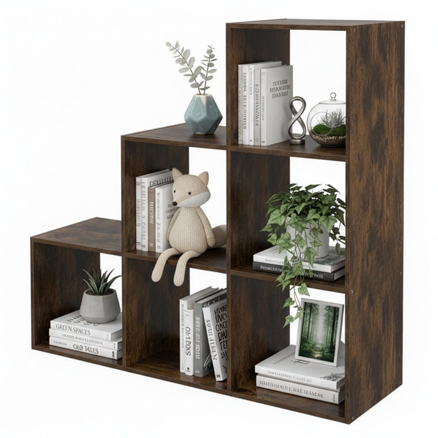 Relaxdays stepped shelf, 6 shelves, HxWxD 97.5 x 97.5 x 29 cm, under-eaves living room bookcase, vintage brown
