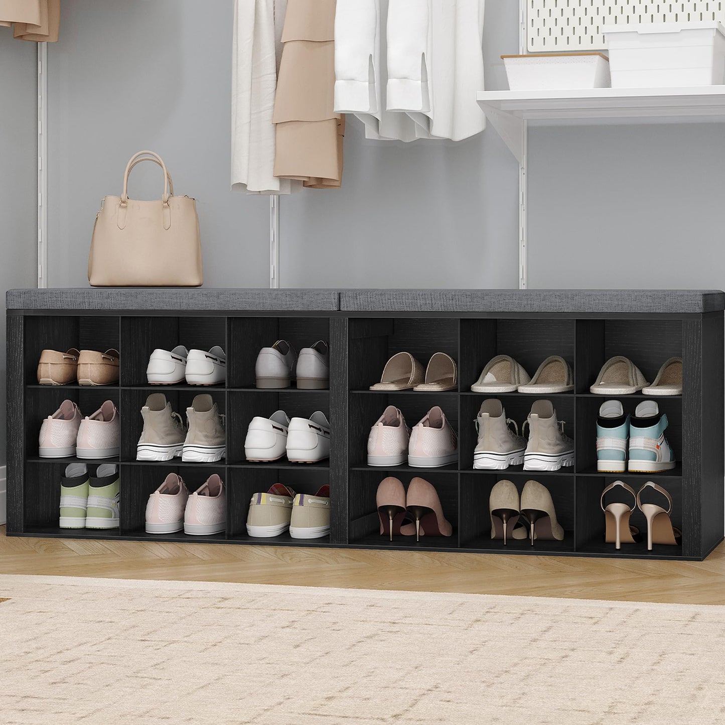 Hzuaneri Shoe Storage Bench with Cushion, Entryway Storage Bench with 18 Cubbies, 9.5" Widened Organizer Cabinet, Long Cubby Rack for Living Room, Bedroom, Entryway, Black SB25704GY