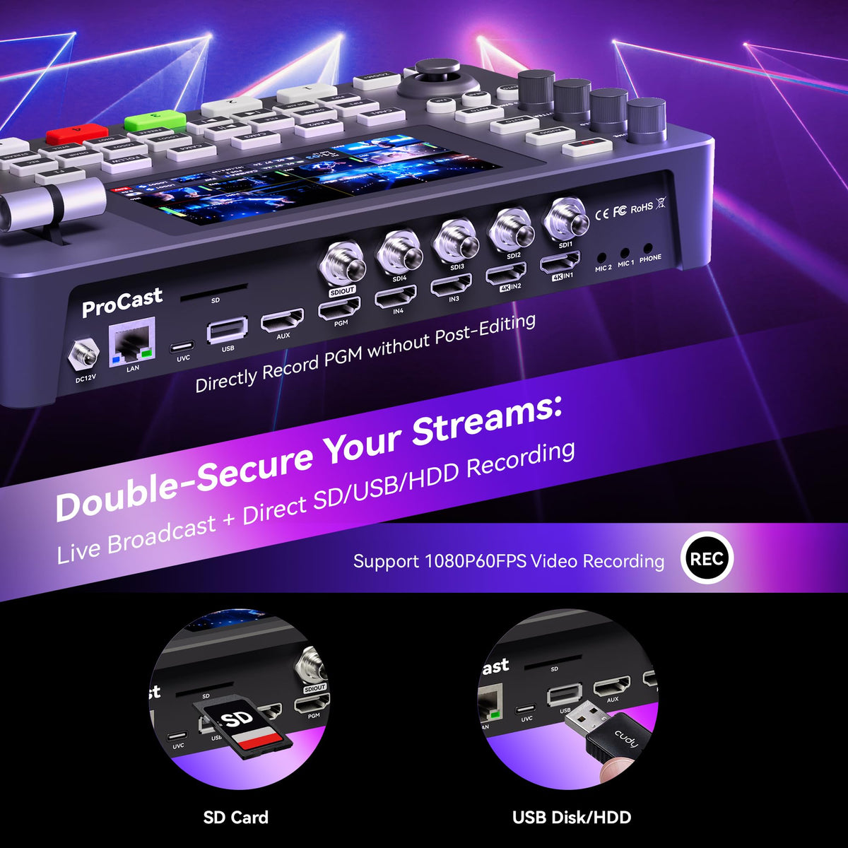 Tenveo 4K60FPS HDMI Video Switcher Mixer, 4*SDI & 4*HDMI Input, 5CH Live Streaming Switcher, 5.5’’ FHD Screen, 1080P60FPS Output, USB Video Recording, Support PTZ Camera and Controller, NDI Included